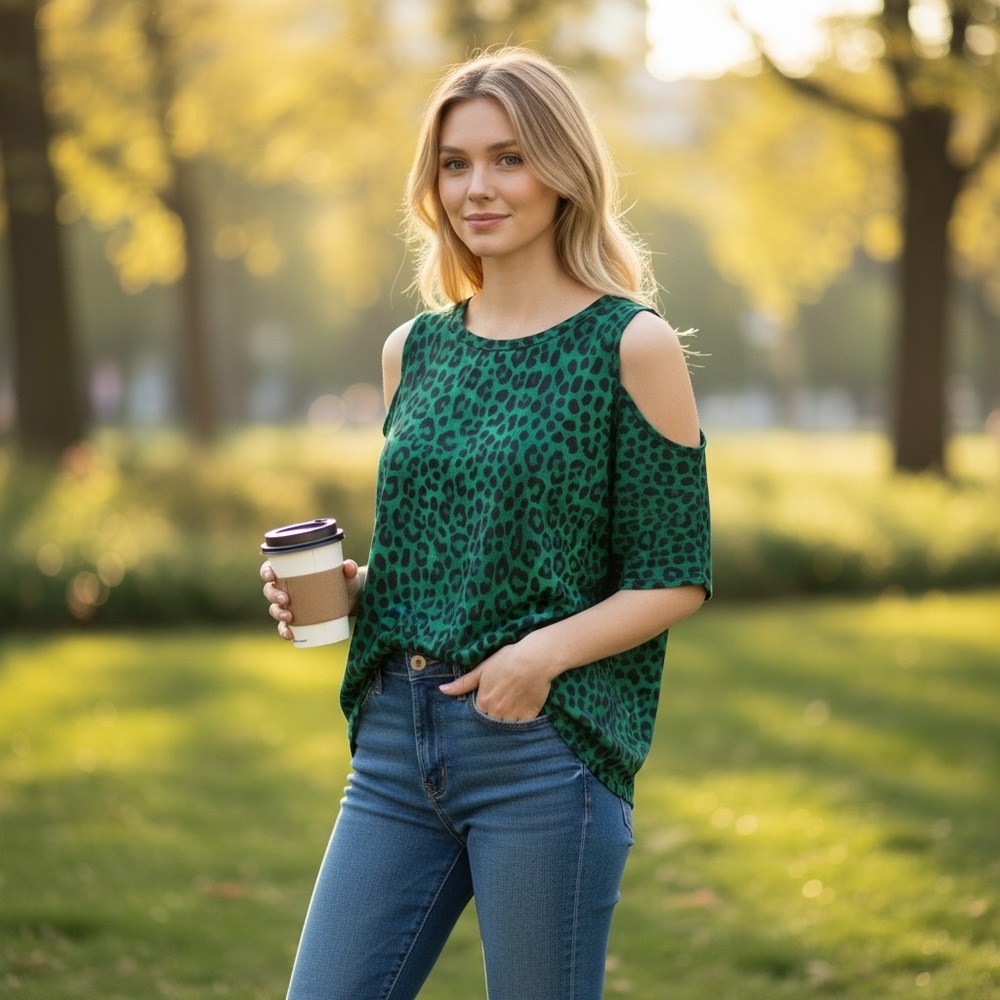 Michael Kors Green Leopard Print Cold Shoulder Long Sleeve Top Crew Neck Size M
